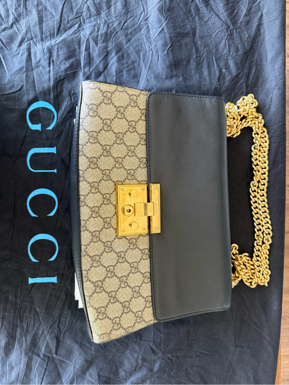 Gucci Black and Beige GG Canvas Shoulder Bag with Gold Chain